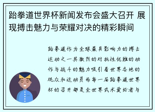 跆拳道世界杯新闻发布会盛大召开 展现搏击魅力与荣耀对决的精彩瞬间